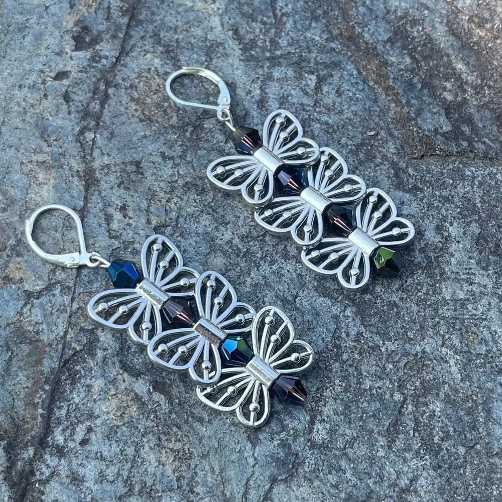 Silver Butterfly Dangly Crystal Drop Earrings